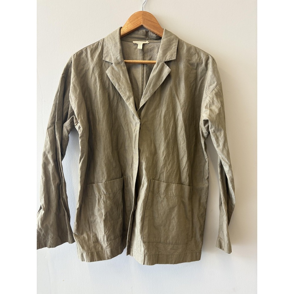 Eileen Fisher Blazer Womens Medium Green Organic Cotton Twill Open Front Pockets